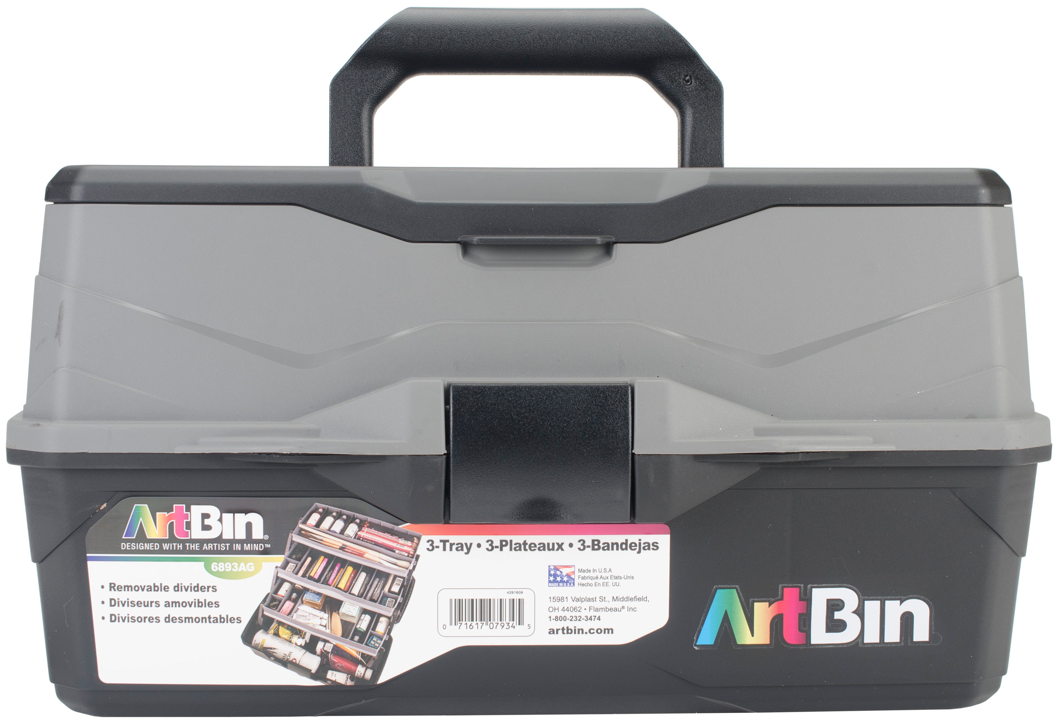 ArtBin Lift Tray Box W/3 Trays & Quick Access Lid Storage-9"X15.75"X8.375", Black & Gray