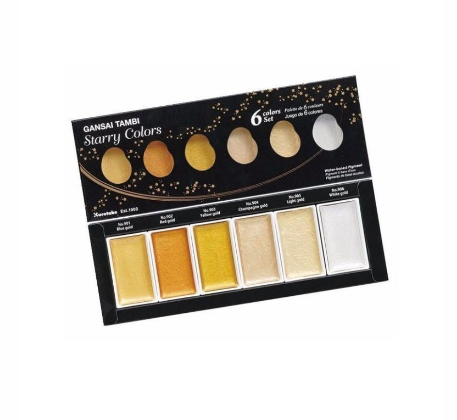 Kuretake Gansai Tambi Metallic Watercolor Sets of 6 (Starry, Pearl, & Gem)