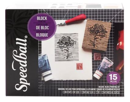 Speedball Deluxe Block Printing Kit - Includes Inks, Brayer, Bench Hook,  Lino Handle and Cutters, Speedy-Carve Block, Mounted Linoleum Block